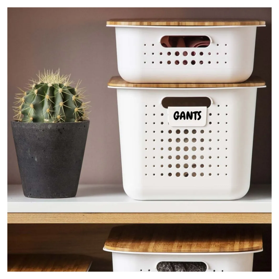 Panier de rangement en plastique recyclé avec couvercle en bambou 10 litres